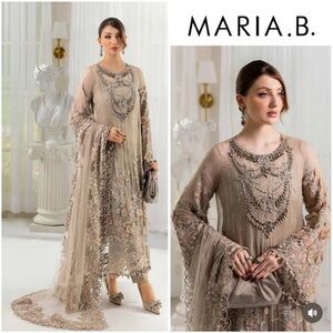 Maria B. Taupe Embroidered Long Sleeve Dress